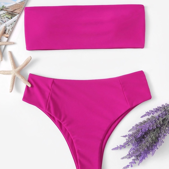 Swim Neon Pink Bandeau With High Cut Bikini Set Poshmark